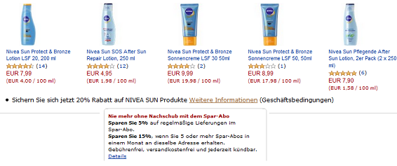 Nivea Sun Rabatt bei Amazon 20 Prozent + Sparabo