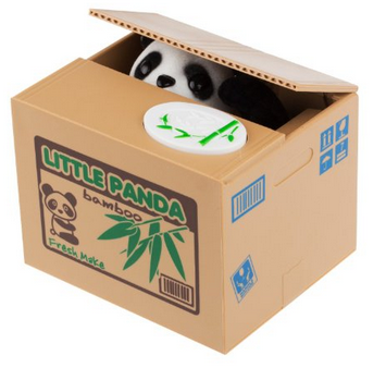 Spardose lustiger Panda, der Münzen klaut