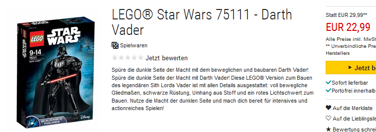 LEGO Buildable Figures Darth Vader von Star Wars reduziert, versandkostenfrei