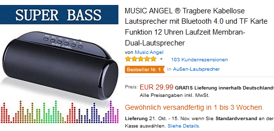 MUSIC ANGEL Lautsprecher & Boombox 29,99 Euro, versandkostenfrei bei Amazon