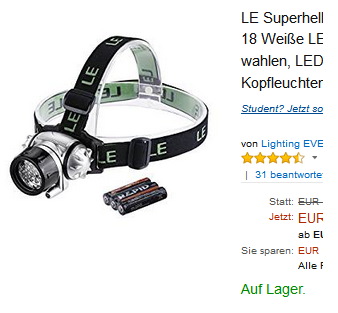 LED Stirnlampe & Kopflampe von Lightning EVER nur noch 8,99 Euro